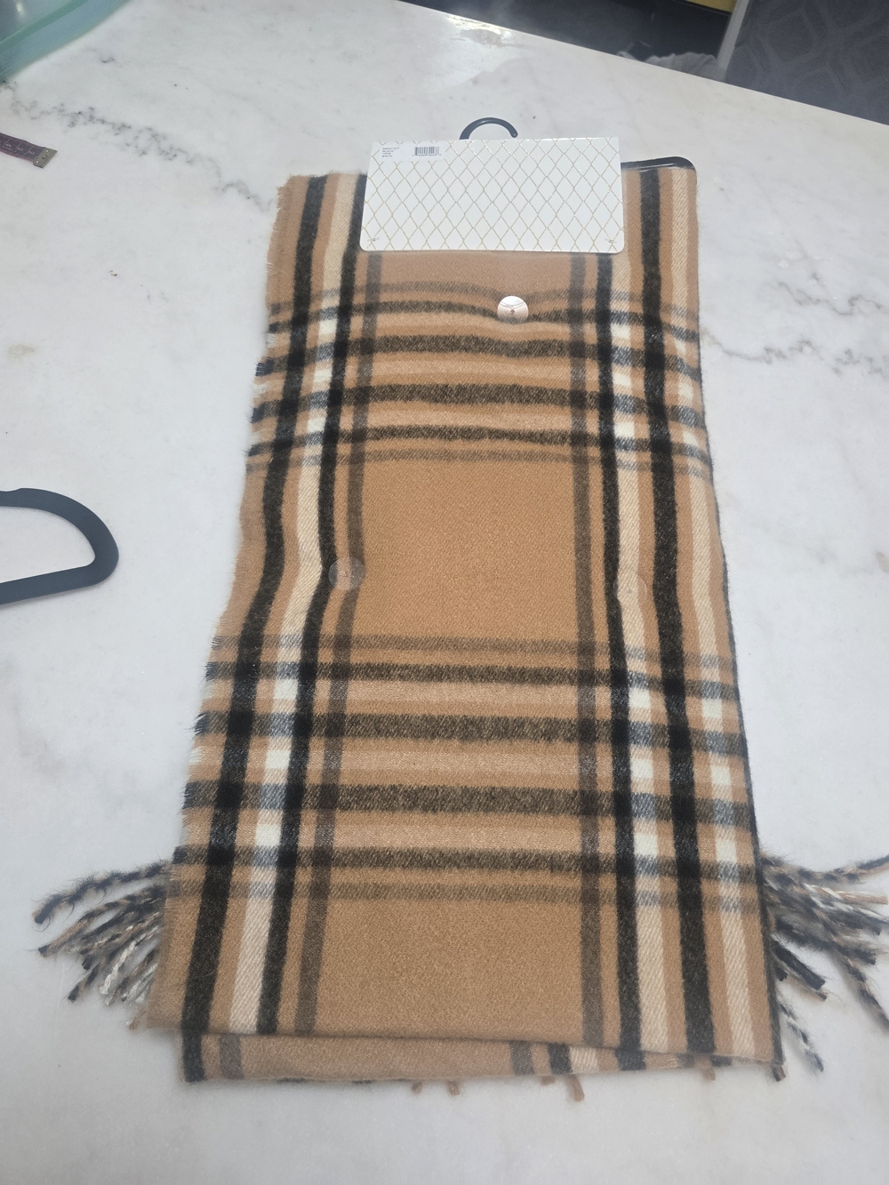 Steve Madden Black Pom Pom Beanie with Plaid Scarf - Picture 3 of 5